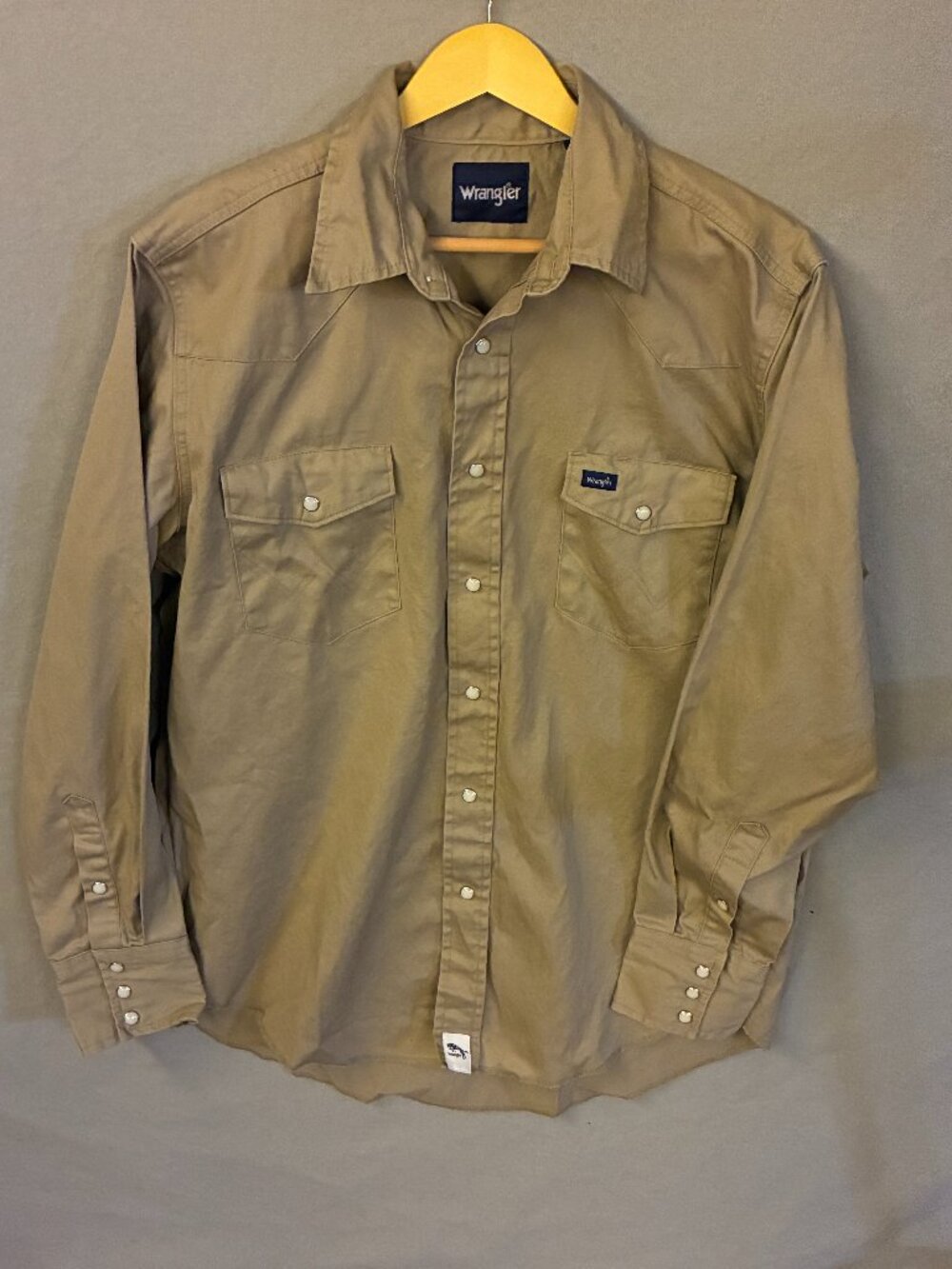Wrangler Work Shirt Tan Pearl Snap Heavyweight Long Sleeve Mens L Western Cowboy